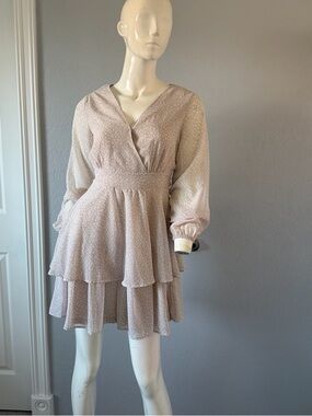 Japna Beige Spotted Ruffle Plunge Neckline Long Sleeve Tiered Dress Size Small